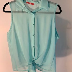 Tie Front Turquiose Blouse Sheer Juniors Medium